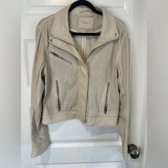 Blank NYC Imelda Cream Perforated Vegan Leather Moto Zip Jacket  - EUC