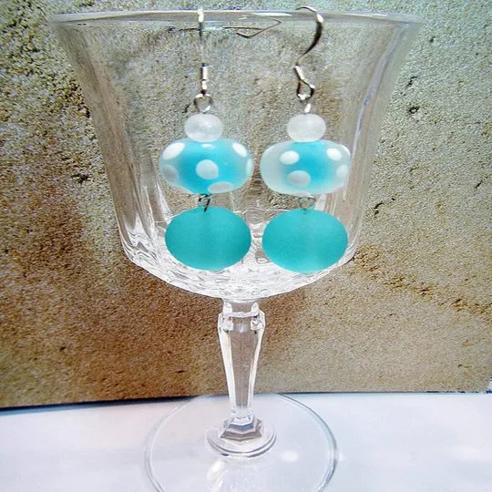 Blue Sea Glass Earrings, Beachy Aqua Blue & White Polka Dot Dangle Earrings