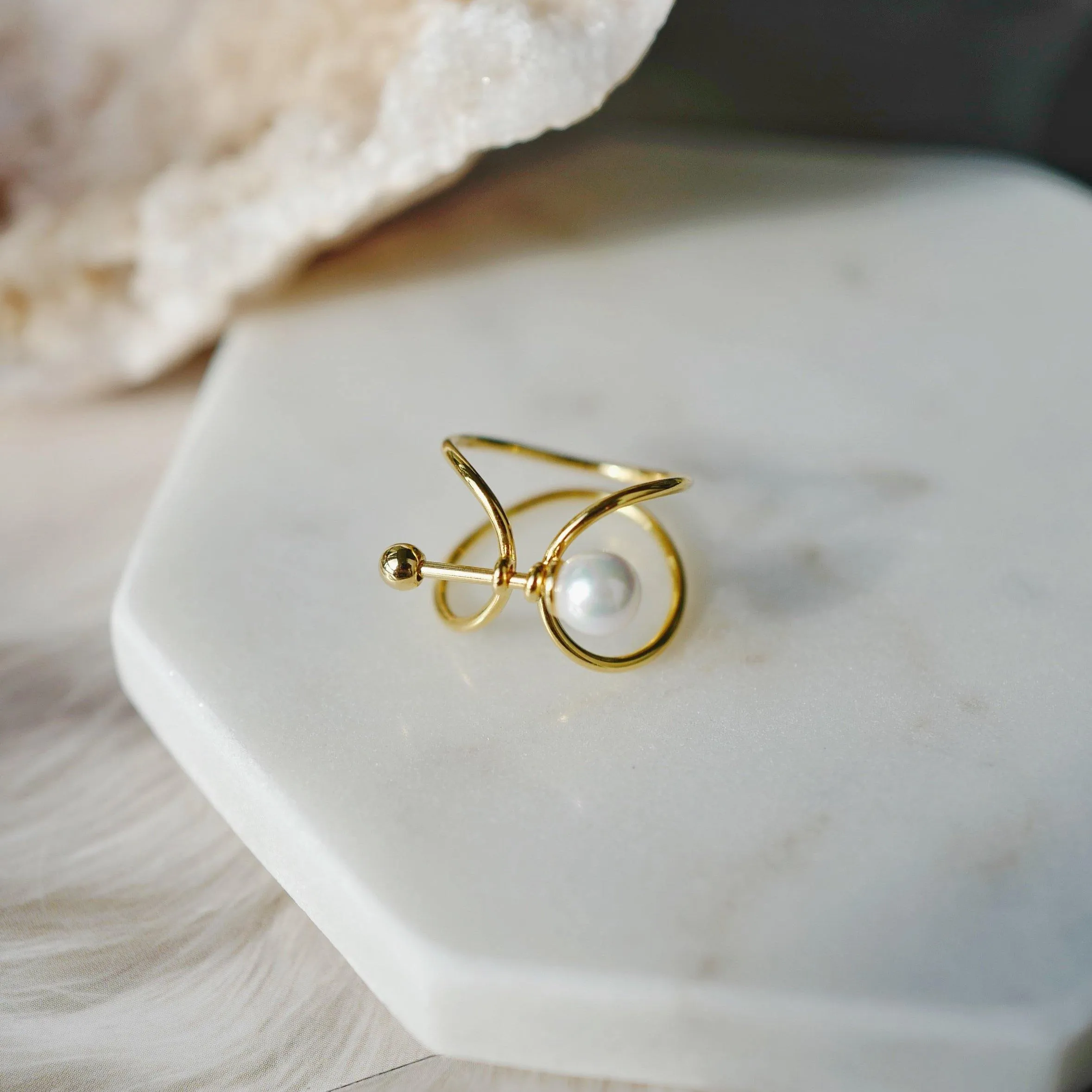 Line Design Pearl Open Ring