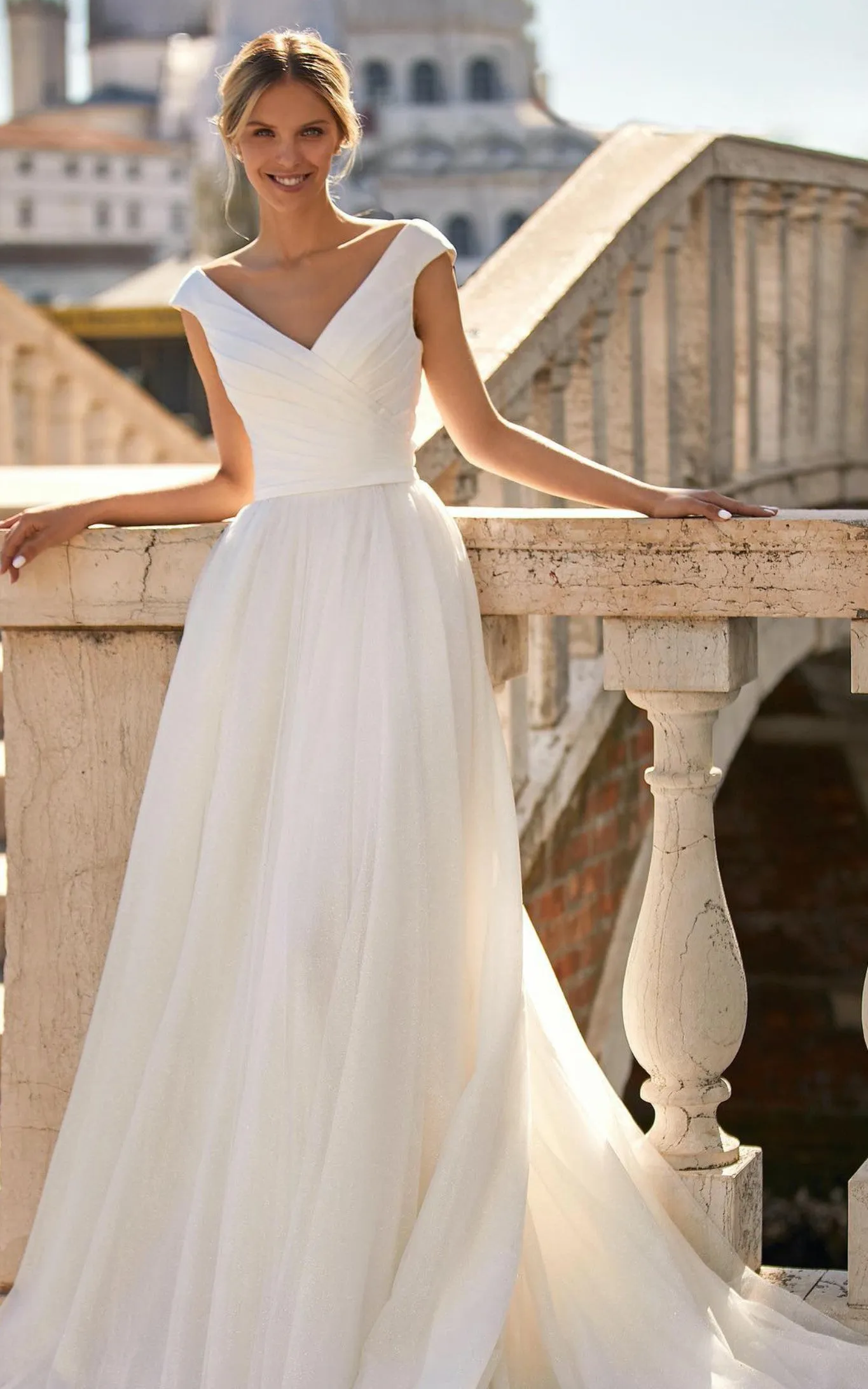 Simple Modest Beach Garden A-Line V-Neck Satin Chiffon Wedding Dress with Brush Train and Ruching