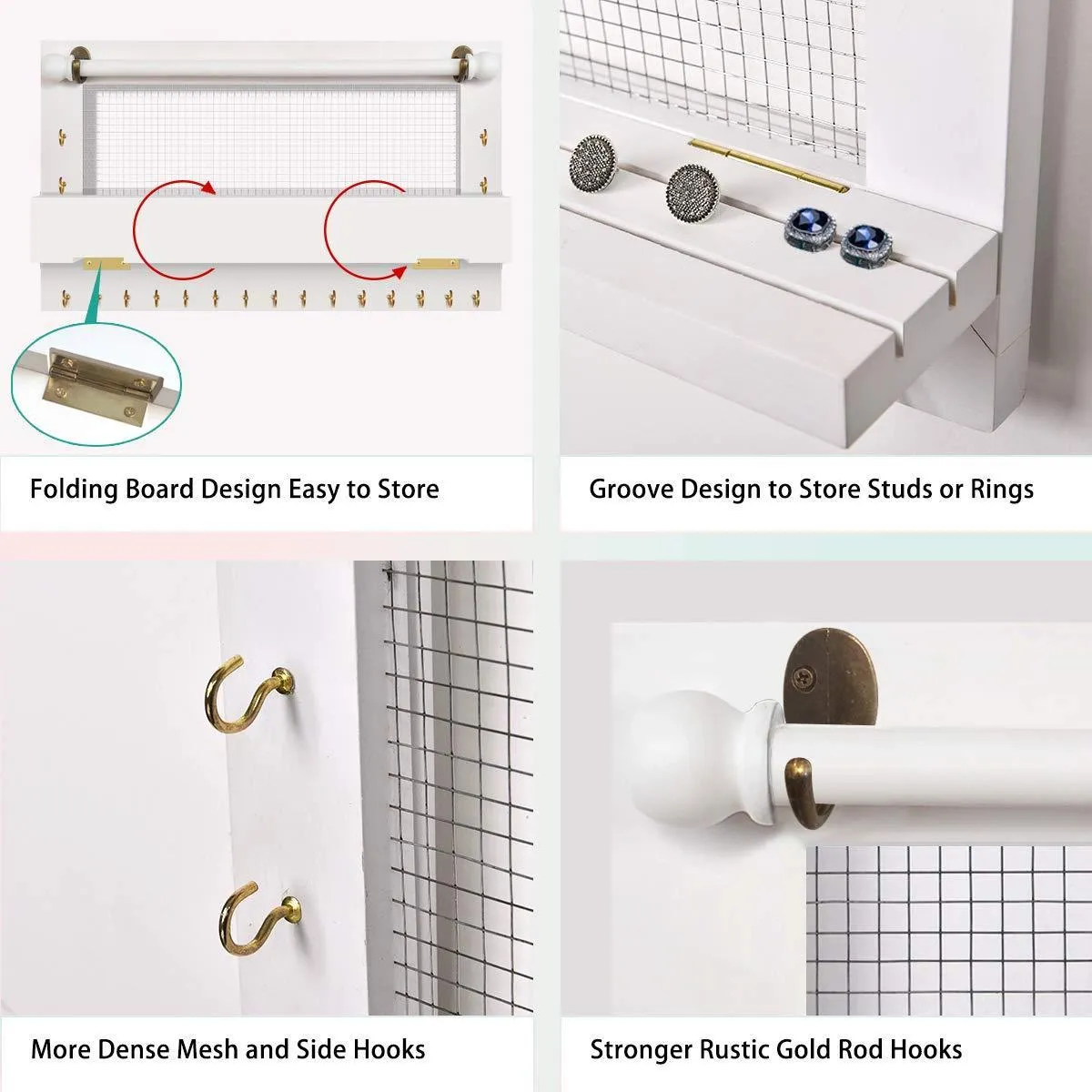 Viefin White Wall-Mounted Mesh Jewelry Organizer, Wooden Earring Bracelet Holder with Shelf, Hanging Hooks for Necklace, Chic Wall Decor(White,Improved)
